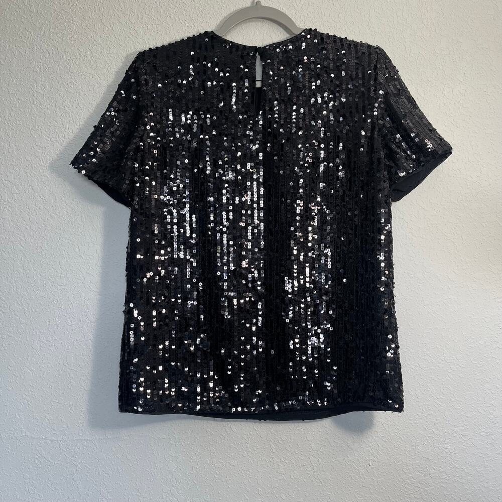 EXPRESS Black Sequin Short Sleeve Top Small Boxy Glamorous Festive Party Blouse - Picture 2 of 8
